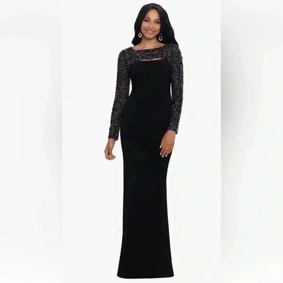 NWT Betsy & Adam Long Jersey Knit Faux Shrug Beaded Dress Size 6 - Picture 1 of 8